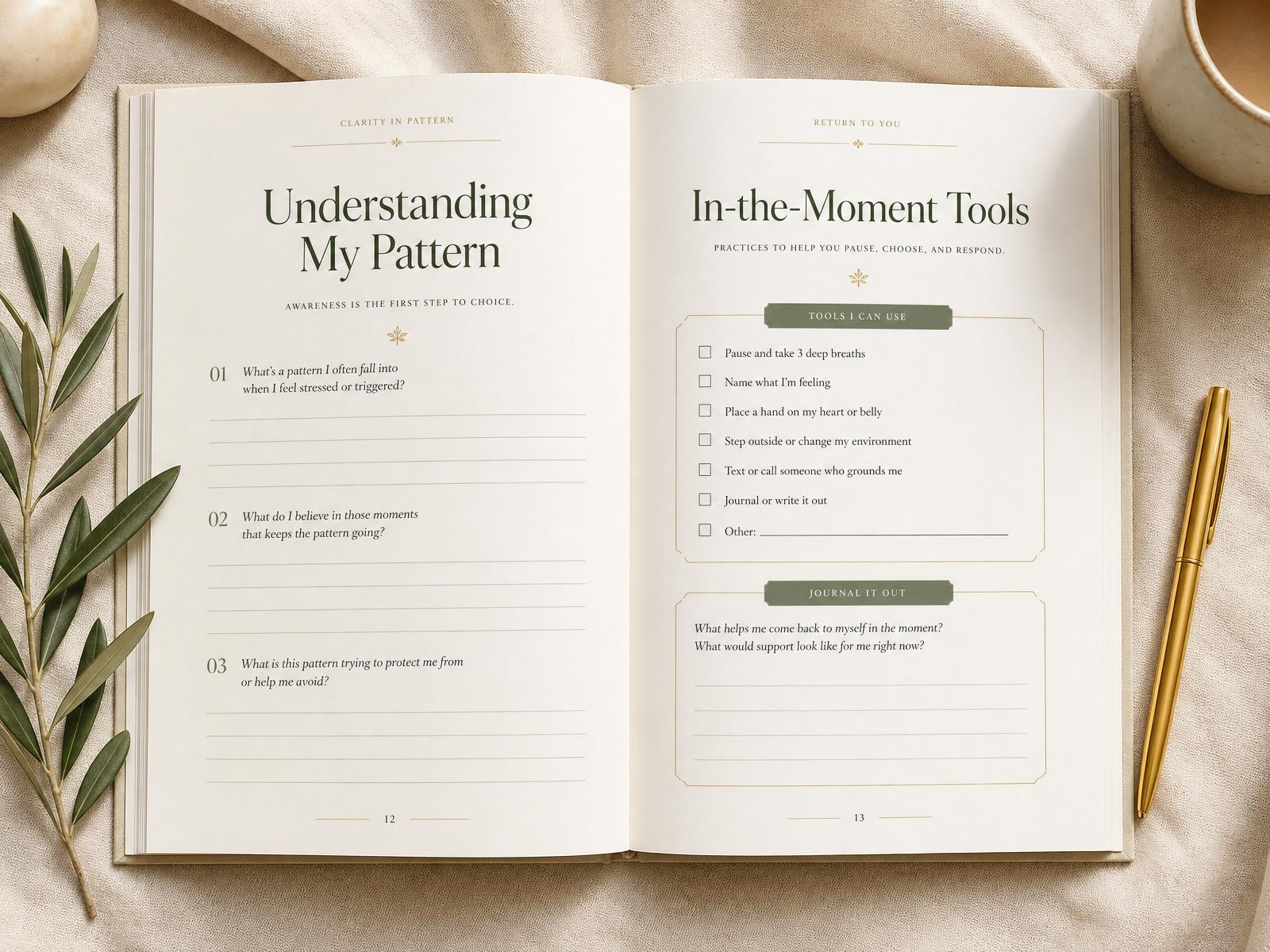 Open workbook spread showing reflection prompts and in-the-moment tools